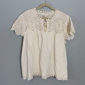 NEW Jennifer & Grace Eyelet Lace Trim Tunic Top Ecru 3X Tie Neck Short Sleeve